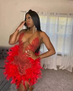 Sexy Red Sheer O Neck Short Prom Dress For Black Girls Beaded Birthday Party Dresses Feathers Mini Tail Homecoming Robe