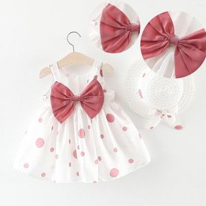 Mädchen Kleider Baby Kleidung Kleid Für Mädchen Großen Bogen Sommer Säugling Niedlich Ärmellos Geboren Baumwolle Schöne Sonnenhut Set Dot dresse