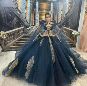 Gold Beaded Appliques Black Quinceanera Dresses Ball Gown With Cape Tulle Sweeeck Sweep Train Plus Size Prom Party Gowns