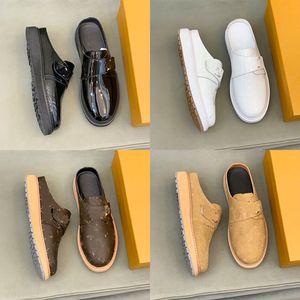 Men's flat-bottomed mule leather sandals high-end casual shoes semi-drag metal chain shoes leather slippers men's shoes buckle fashion white brown black slippers.