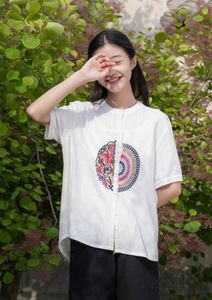 エスニック服の上海物語女性の刺繍シャツ半袖チャイニーズスタイルリネントップブラウス