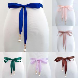 Belts Pearl Pendant Style Prom Dress Belt High Quality Double Sided Satin Sash Thin Waist Seal Bridal Gown Wedding WaistbandsBelts