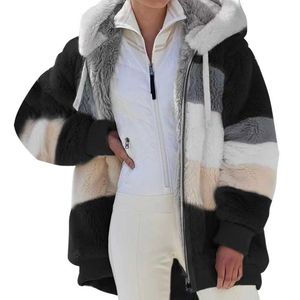 플러시 후드 가드 코트 재킷 두꺼운 양털 겨울 패션 여성 코트 새로운 캐주얼 후드 지퍼 지퍼 레이디 옷 캐시미어 여성 스티칭 격자 무늬 숙녀 코트
