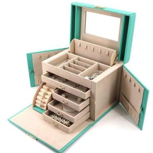 Caixas de jóias Sansreponse Box Grande Organizador Couro Falso com Espelho Ders Lock Presente para Mulheres Tf Azul-l amzbv260D