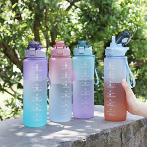 Vattenflaskor 1L Graduerad fyrkantig vattenflaska Portable Travel Bottle Sports Fitness Water Cup stor kapacitet Student Sports Vattenkopp 230309