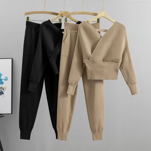 Zweiteilige Damen-Hosen, eleganter Trainingsanzug, sexy zweiteiliges Set für Damen im koreanischen Stil, geripptes gestricktes rückenfreies Oberteil und langer Haremshosenanzug, Herbst-Outfits y2k 230309