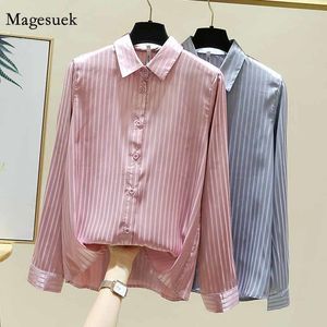 Women's Blouses Shirts Autumn Women Simulation Silk Lapel Satin Chiffon Blouse Women Cardigan Femme Vintage Long Sleeve Stripe Bottoming Shirts 11921 230309