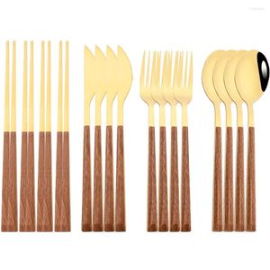 Servis uppsättningar 12/16st Brown Gold Set Imitation Trähandtag från Cutlery Chopsticks Knivgaffel Sked Bordkoransk bestick
