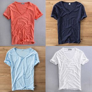Erkek Tişörtleri Ultra İnce Nefes Alabaş Yaz Gevşek Derin V Boyun Tişört Keten Tshirt İç çamaşırı Erkekler Kısa Kollu Beyaz Donanma Lavanta G230309