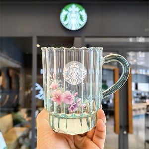 Starbucks Mugs 355ml hibiscus flower glass mint green hot water resistant cup handle coffee cup small fresh