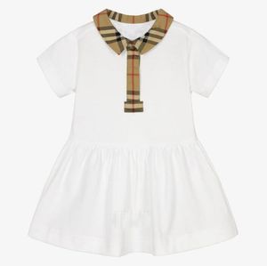 Cute Baby Girls Plaid Dresses Summer Girl Short Sleeve Dress Turn-Down Collar Toddler Stitching Skirts Kids Casual Skirt 3-24 Months