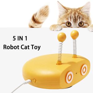 Cat Toys 5in1 Interactive Funny Pet -retande robot Laser Automatisk styrning Walking Sticks Spring Ball Bird Sounds 230309