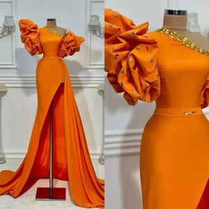 Prom 2023 Orange Dresses A Line High Low One Shoulder Short Sleeves Beaded Custom Made Ruched Evening Party Gowns Vestidos Formal Ocn Wear Plus Size