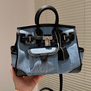 Birkinbag dżinsowe ramię worki modowe kobiety skórzane torebki patchwork Crossbody torebka srebrna sprzęt duża pojemność torby