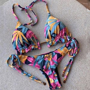 Costumi da bagno da donna Bikini da donna con stampa floreale arricciata Bikini a due pezzi con scollo all'americana Triangolo con allacciatura laterale Costumi da bagno Perizoma da bagno da donna