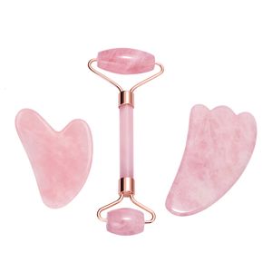 Ansiktsvårdsenheter Natural Jade Roller Gua Sha Set Beauty Skin Slim Tools Rose Quartz Massager för Body Neck Relax Anti Wrinkles 230309