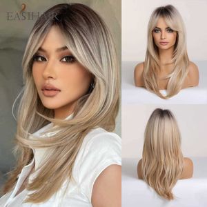 Syntetiska peruker Easihair Brown till blond ombre syntetiska peruker Långt vågiga skiktade med lugg för kvinnor Cosplay Natural Hair Heat Resistant 230227