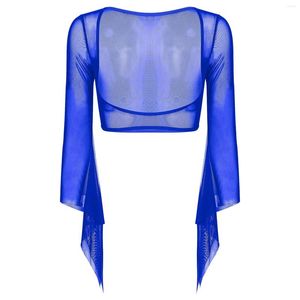 Stage Wear Womens Belly Dancewear Open Bust Sheer Mesh Crop Top See Through Split Flare Sleeve Dance Performance Tops Cover Ups