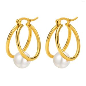 Hoop Earrings Fashion Geometric For Women Double Cirle Simulated Pearl Girls Ear Hoops Jewelry Stainless Steel Piercing/Pair