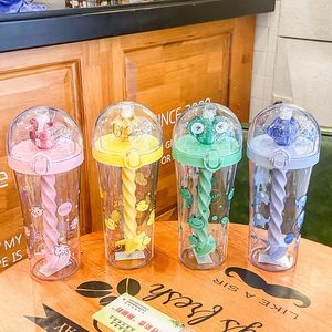 Water Bottles 500ML Explosive Cartoon Cute Mixing Cup Personality Creative Student Children Straw Cup Girl Heart Plastic Water Cup 230309