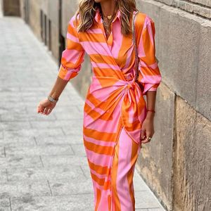 Sukienki swobodne eleganckie kobiety Summer Maxi sukienka 2023 Ladies Streetwear Pełny rękaw Krążony kolorowy blokada w paski koszula