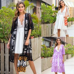 Women's Swimwear Summer Beach Cover Up Dress Tunic Long Pareos Bikini Ups Mesh Embroidered Swim Cardigan Robe Plage Swimsuit