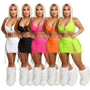 NEW Designer Summer Dress Sets Women Sleeveless Tank Top and Mini Skirt Two Piece Sets Sexy Bandage Outfits Solid Dress Suits Bulk Wholesale Clothes 9438