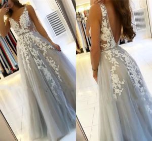 Gray Prom Dresses 2023 Sexy A Line Backless V Neck Appliques Tulle Long Evening Gowns Custom Made Bridesmaid Dress BC15346