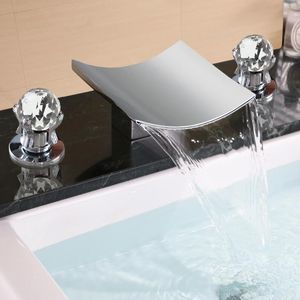 Bathroom Sink Faucets SKOWLL Faucet Waterfall Deck Mounted Tub 3 Hole Basin Mixer With 2 Crystal Handle Polished Chrome