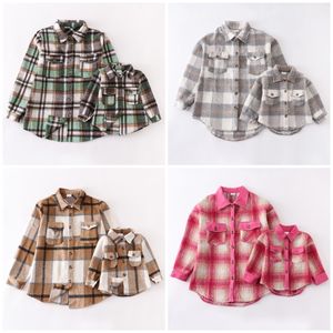 Passende Familien-Outfits Girlymax Herbst Winter Langarm Baby Mädchen Mommy Me Flanell Plaid Jacke Shacket Kleidung Kinder Top Boutique Kinderkleidung 230308