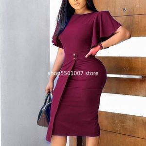 Casual Dresses Women Elegant BodyCon Kne Length Office Ladies Modest Elastic Vestidos Wine Red Blue Package Hip Robes