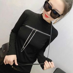 Kvinnors T -skjortor Fashion Zipper Chain Women Pu Leather Patchwork Topps Woman Stretchy Black White Pullover Vintage Long Sleeve