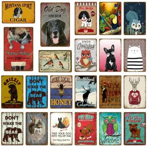 Retro Animals Art Print Poster Tin Dog pies miód wiewiórka niedźwiedź sowa ptak metalowe znaki ścienne naklejka nordycka tablica Pokój dziecięcy dom spersonalizowany wystrój rozmiar 30x20 cm W02