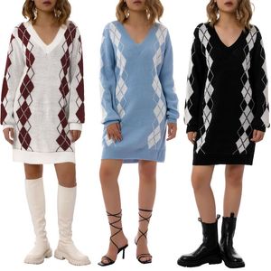 Casual Dresses 2023 Women Color Block Knit Dress Adults Argyle Print V-neck Long Sleeve Mini White/ Black/ Blue S/M/L