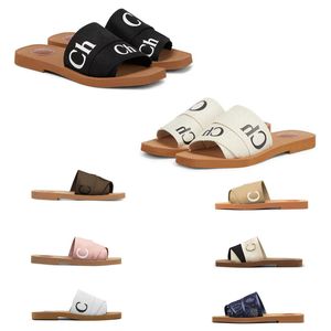 Verão Mulheres Designer Luxo Woody Chloee Sandálias Para Mules Flat Slides Light Tan Bege Branco Preto Rosa Lace Lettering Tecido Chinelos de Lona Mulheres Sapatos Ao Ar Livre