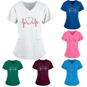 여성 T 셔츠 여성 Ecg 프린트 유니폼 반소매 v 넥 탑 작업 포켓 블라우스 액세서리 스크럽 간호