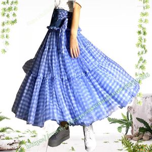 Skirts Women's Design Fashion Casua Jeans Denim Mesh Spliced Waist High Slim Plaid Long Tutu Fluffy Pleated Skirt Korean