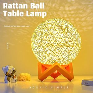 Table Lamps LED Rattan Ball Lamp USB Moon Light Night Bedside Desktop Bedroom Decor Lighting Creative Gift