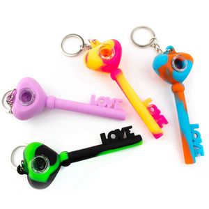 Latest Mini Keychains Colorful Silicone Pipes LOVE Style Herb Tobacco Oil Rigs Glass Hole Filter Bowl Portable Handpipes Smoking Cigarette Hand Holder Tube