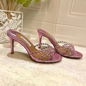 Aquazzura クリスタル装飾ストラップハイヒールスリッパミュールラインストーン TPU ハウススリッパ高級デザイナーヒールサンダル工場履物 35-42 ボックス付き