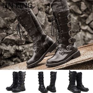 Botas Spring Autumn Punk Black Men Midcalf Lace Up Roma Motocicleta grossa Buckle Long Botas Man High Platform 230309