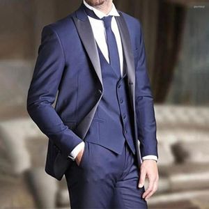 Men's Suits Navy Blue Slim Fit Mens For Wedding Groom Peaked Lapel Tuxedo Business Blazer 3 Piece Jacket Pants Vest Set Costume Homme