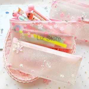 Cherry Blossom Printing Transparent Pencil Bags Matte Printed Flower Pen Cases With Sakura Pendant Student Stationery Pens Bags TH0832