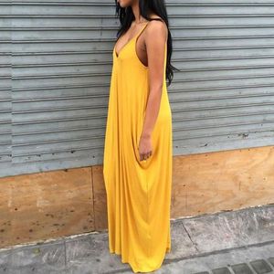 Casual Dresses Girls Yellow Deep V Shoulder Strap Women Summer Dress Loose Long Maxi Party Ladies Sun Vestidos Club Wear Outfits