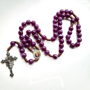 Pendant Necklaces Diyalo Catholic Maria Holy Family Crucifix Jesus Cross Necklace Hand Woven Purple Rosary Beads Jewelry