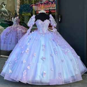 라일락 라벤더 3D 꽃 공주 Quinceanera 드레스 분리 가능한 슬리브 크리스탈 구슬 레이스 업 코르셋 멍청이 de Quinceanera