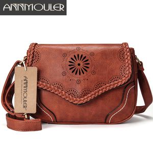 Kvällspåsar annmouler märke kvinnor axelväska vintage pu läder crossbody väska ihåliga damer satchel väska brun retro handväska för flickor 230309