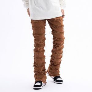 Erkek kot pantolon harajuku hip hop sokak kıyafeti çizgili püskül yıpranmış düz bol kot pantolon erkek ve dişi düz renk gündelik denim pantolon 230309