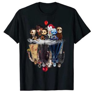 Herr t-shirts söta skräckfilm chibi karaktär vatten reflektion halloween t-shirt grafiska tees överdimensionerade t-shirt grafisk present g230309