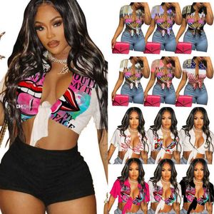 Wholesale Womens Short Sleeve T-shirt 2023 Summer Designer Fashion Graffiti Print Cardigan Tassel Crop Tops